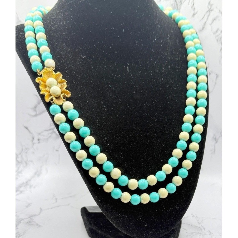 Vintage ART Arthur Pepper Beaded Necklace Turquoise Cream Gold 24"